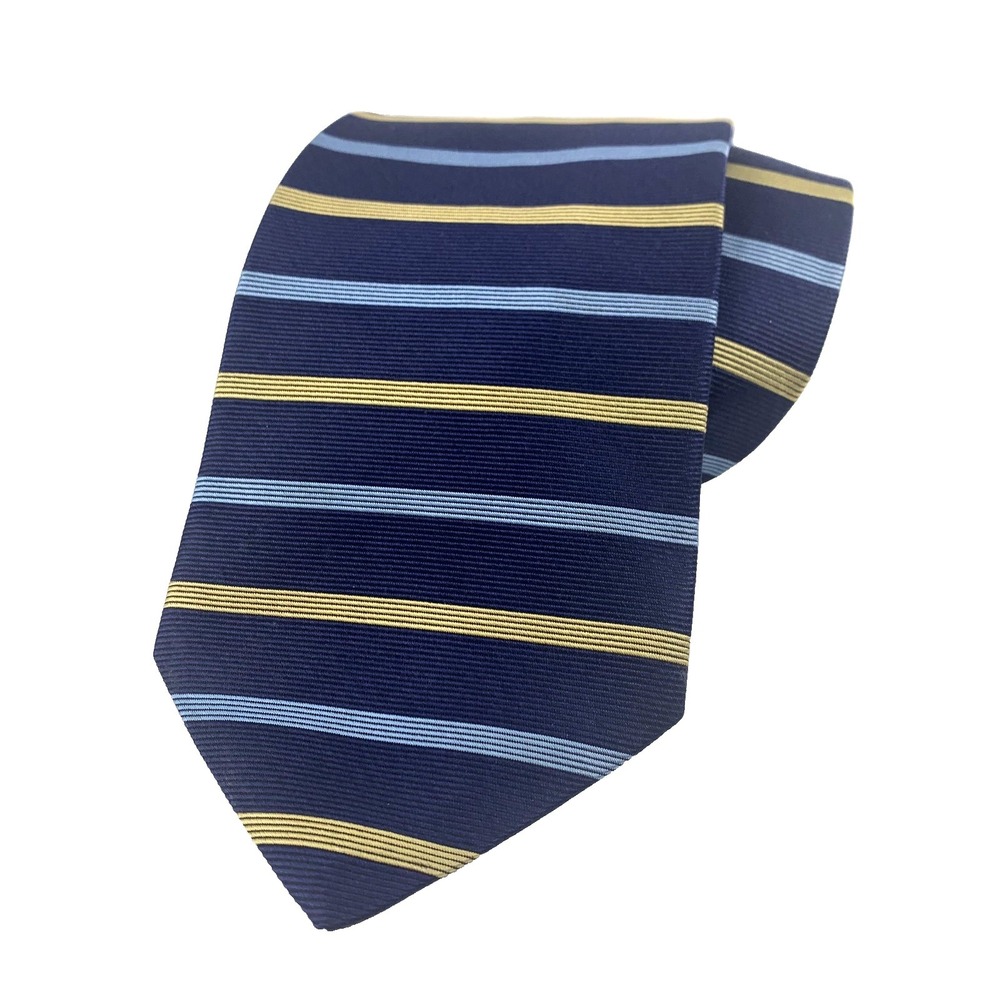 Brooks Brothers Makers Mens Tie Navy Lt. Blue Gold Horizontal Stripe & Repp Silk